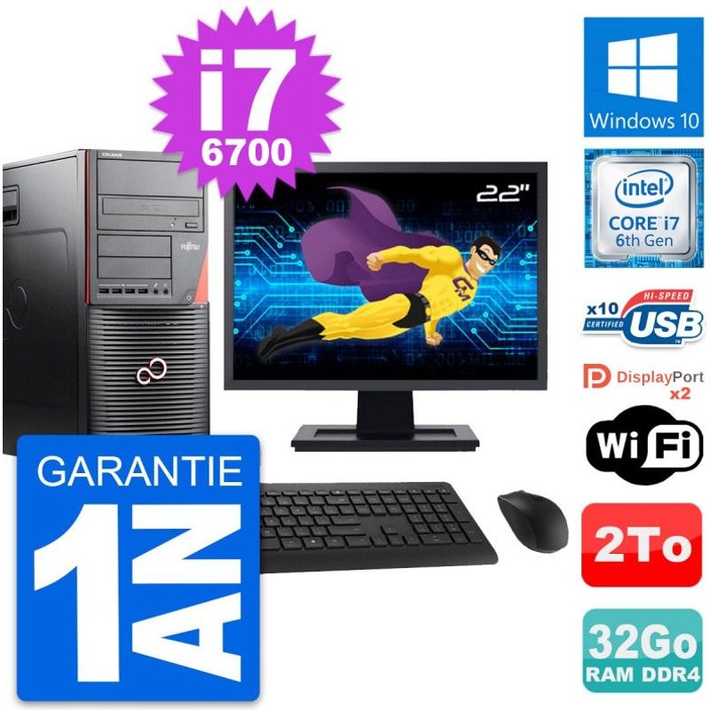 PC Tour Fujitsu W550n Ecran 22" Core i7-6700 RAM 32Go Disque 2To Windows 10 Wifi