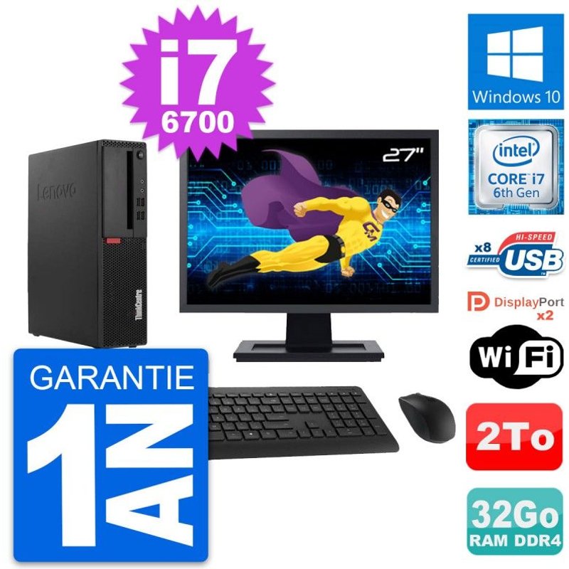 PC Lenovo M910s SFF Ecran 27" Intel i7-6700 RAM 32Go Disque 2To Windows 10 Wifi
