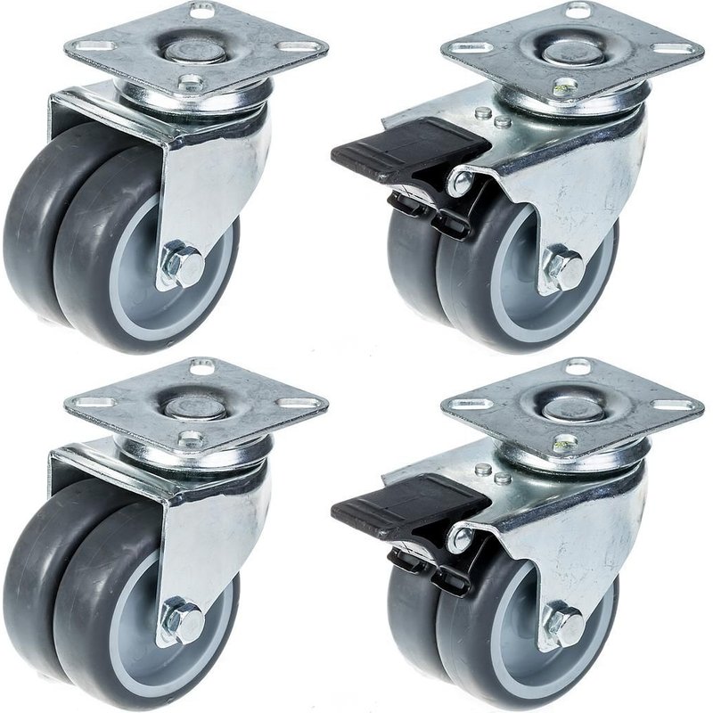 75mm 3" twin wheel castor grey rubber swivel & brake 400kg capacity, set of 4