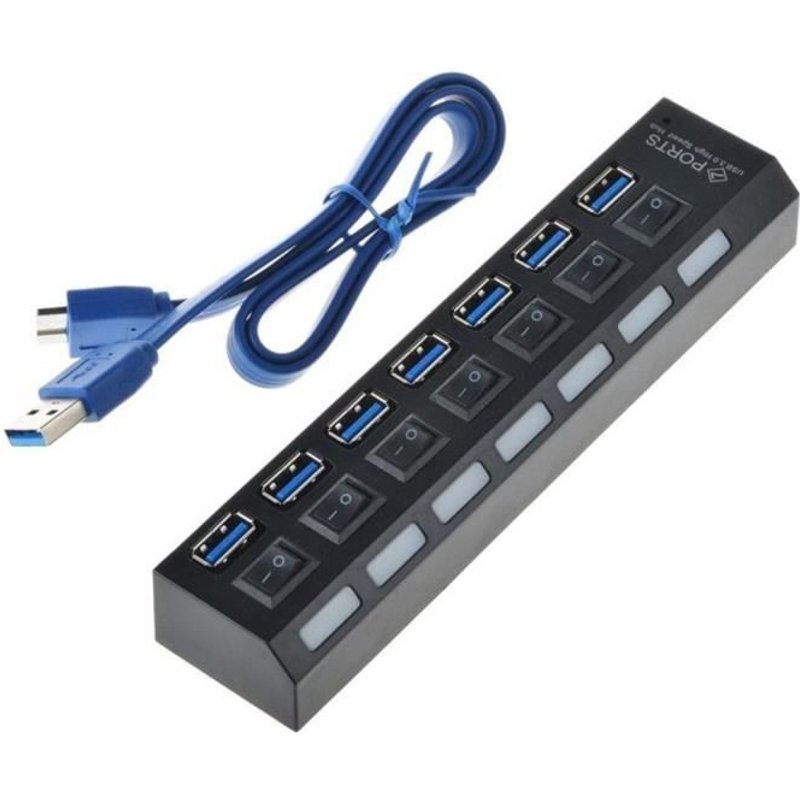 Multiprise USB 3.0 avec 7 ports avec indicateur LED et interrupteurs individuels pour economiser l'énergie