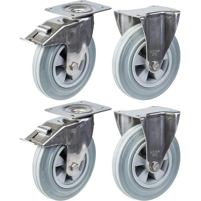 200mm 8" stainless steel castor grey rubber, brake & fixed, 820kg, set of 4
