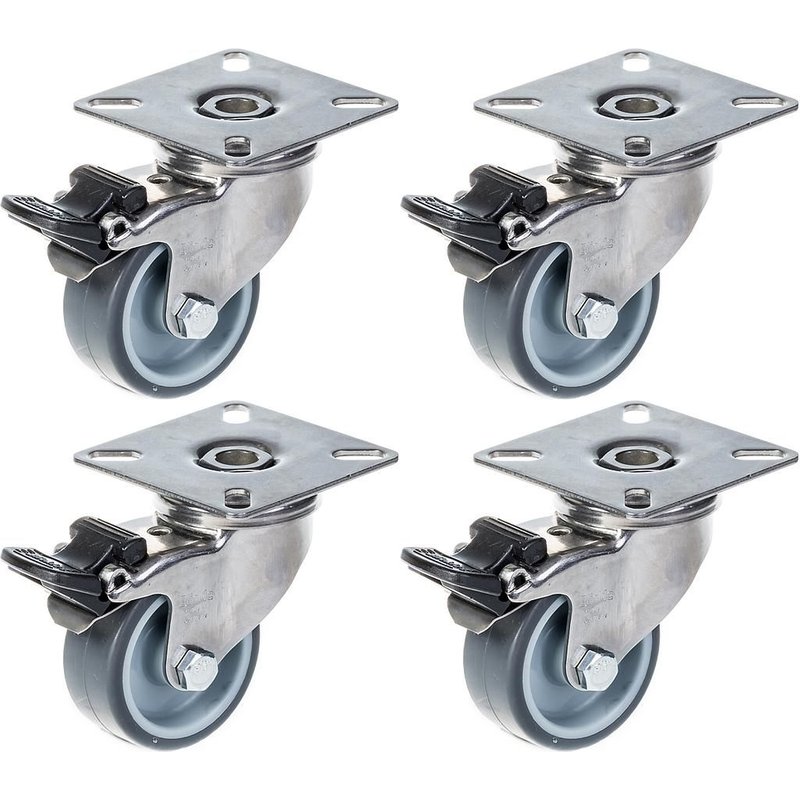 50mm 2" stainless steel castor grey rubber, swivel with brake, 160kg, set of 4
