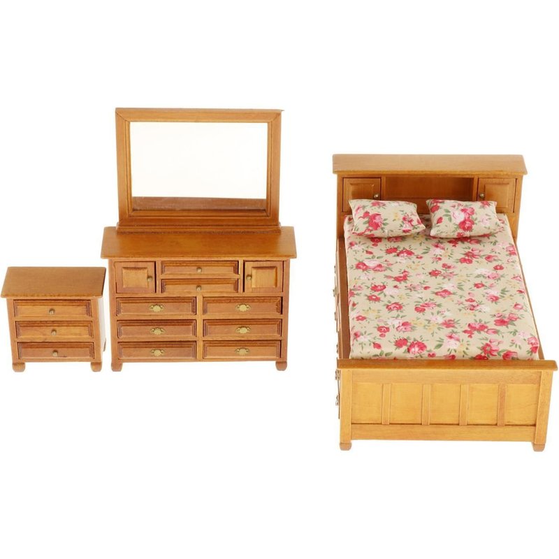 Ensemble De Meubles Miniatures En Bois Pour Maison De Poupée 1:12, Ensemble De Meubles De Chambre À Coucher, Lit, Coiffeuse, Table De Chevet, 3 Pièces