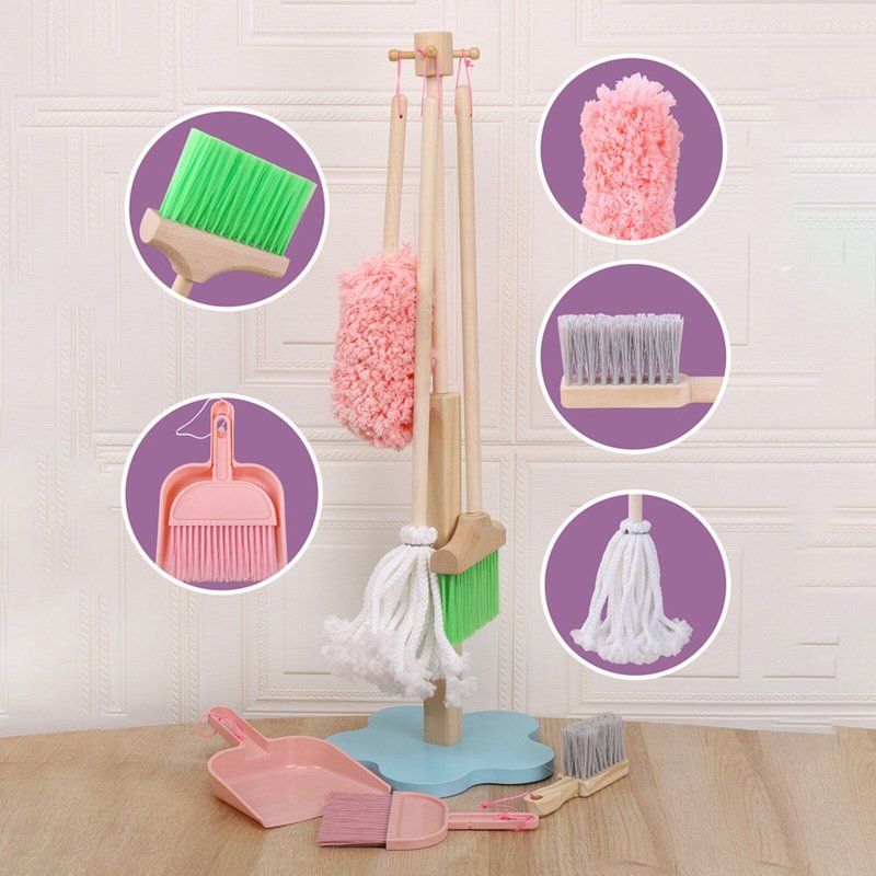 Outils De Nettoyage En Bois Pour Enfants, 6 Pièces, Comprend Une Serpillière, Une Brosse, Une Pelle À Poussière, Support D'Organisation, Cadeau Pour Enfants, Filles Et Garçons