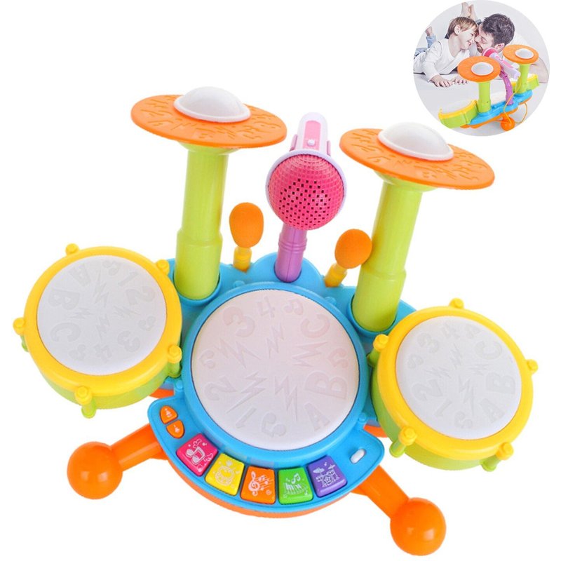 Instruments De Musique Pour Enfants, Jouet Multifonctionnel Coloré Avec 2 Bâtons De Tambour, Batteurs, Flash Lumineux Et Microphone, Cadeaux Éducatifs
