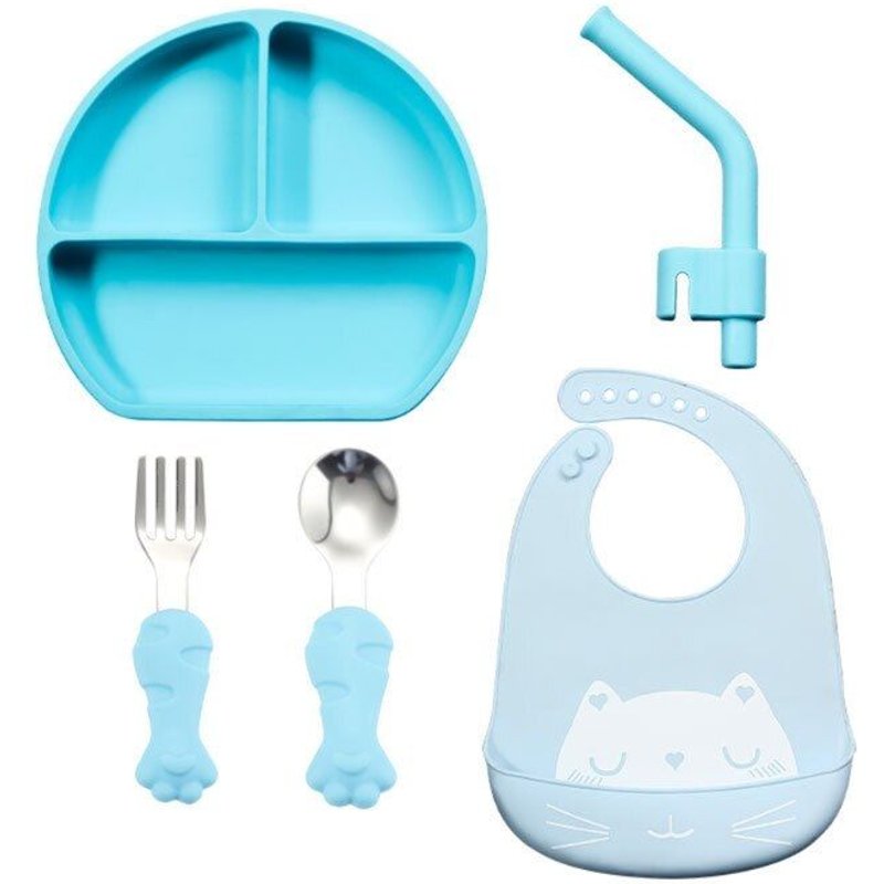 Vaisselle En Silicone Pour Bébé, 5 Pièces, Vaisselle D'Alimentation Pour Bébé, Ustensiles De Cuisine Avec Cuillère Fourchette Sourire Assiette Visage Bavoir Paille