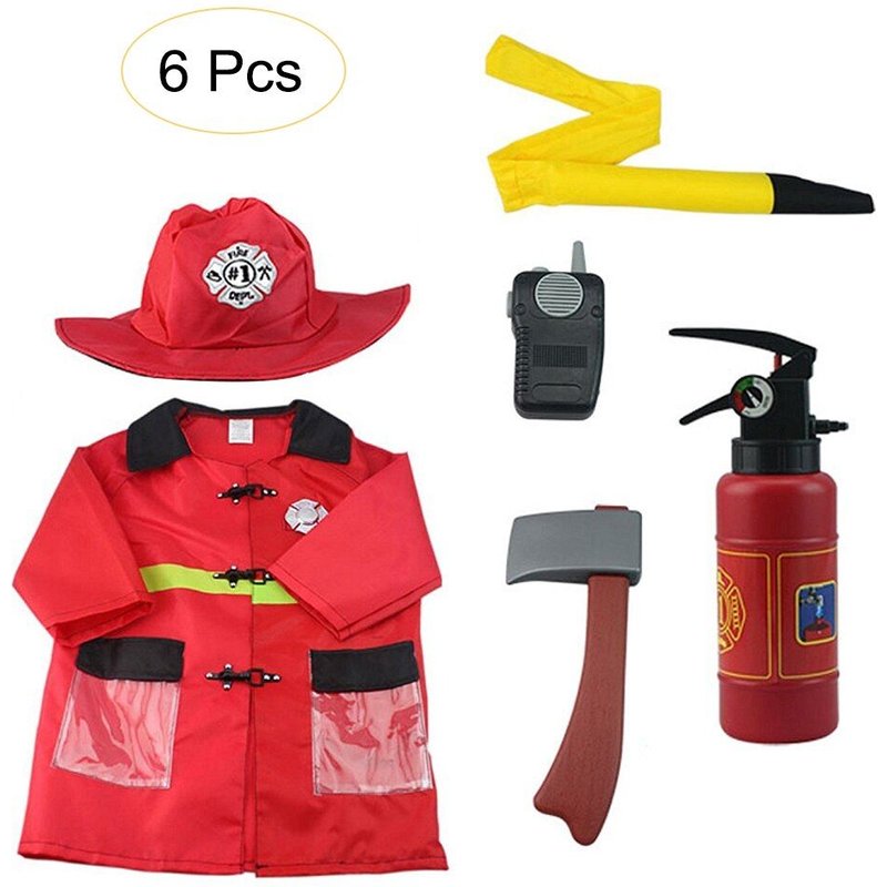 Costume De Jeu De Rôle De Pompier 6 Pièces, Déguisement, Jouets Pour Enfants, Chapeau De Feu, Vêtements, Pistolets À Eau, Outils De Lutte Contre L'Incendie, Ensemble De Jouets De Pompier