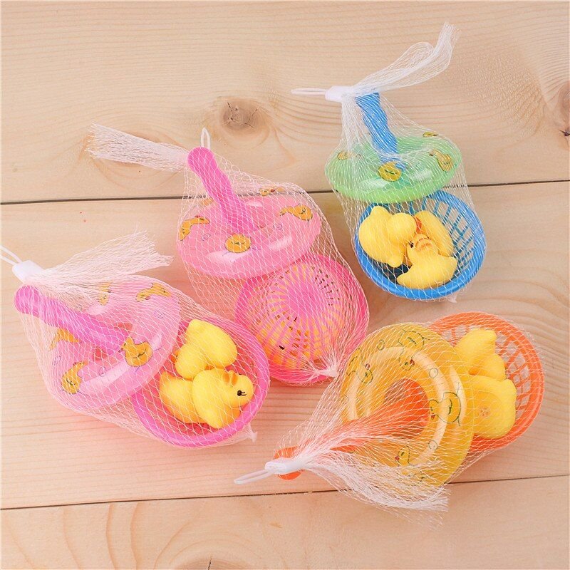 Mini Jouets De Bain En Caoutchouc Pour Enfants, 5 Pièces/Ensemble, Filet De Pêche En Canard Couinant, Anneaux De Natation, Salle De Bain, Piscine, Douche