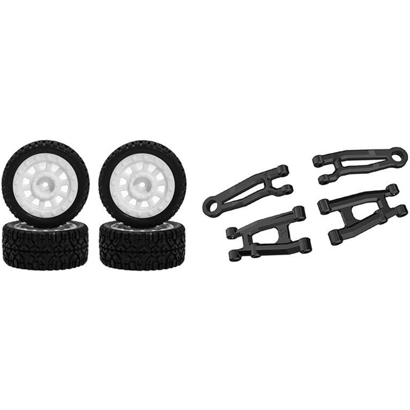 2 Ensembles De Pièces De Voiture Rc: 1 Ensemble De Pneus De Roue De Voiture Rc Et 1 Ensemble De Bras Supérieur Et Inférieur Arrière