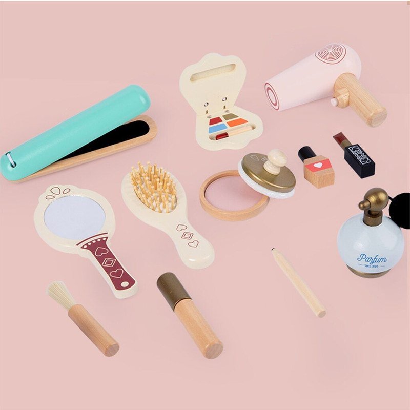 Kit De Maquillage Pour Salon De Beauté Pour Enfants, 13 Pièces, Simulation Amusante, Brosse À Ongles, Rouge À Lèvres, Peigne À Blush, Ensemble De Jeu Cosmétique En Bois