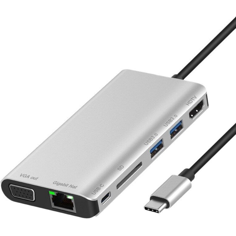 Station d'accueil de Type C, USB 3.0X2 + lecteur de carte Sd + HDMI-Compatible /Vga + Jack 3.5 + Lan Gigabit + type-c +(Pd) Hub