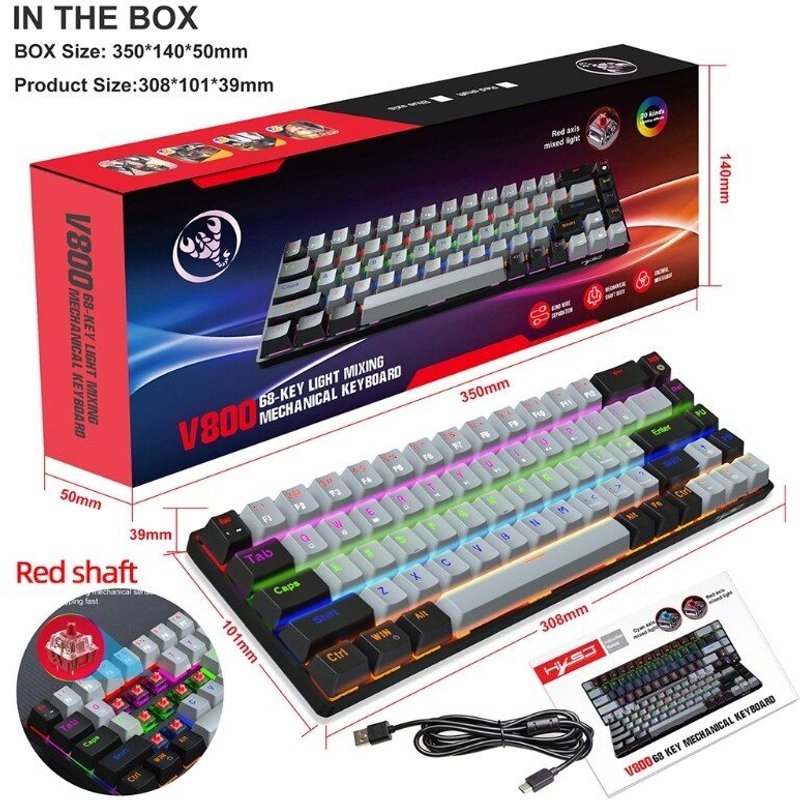 Clavier de jeu mécanique filaire, 68 touches, interrupteur bleu/rouge, USB, avec 20 lumières RGB, pour ordinateur de bureau et Gamer