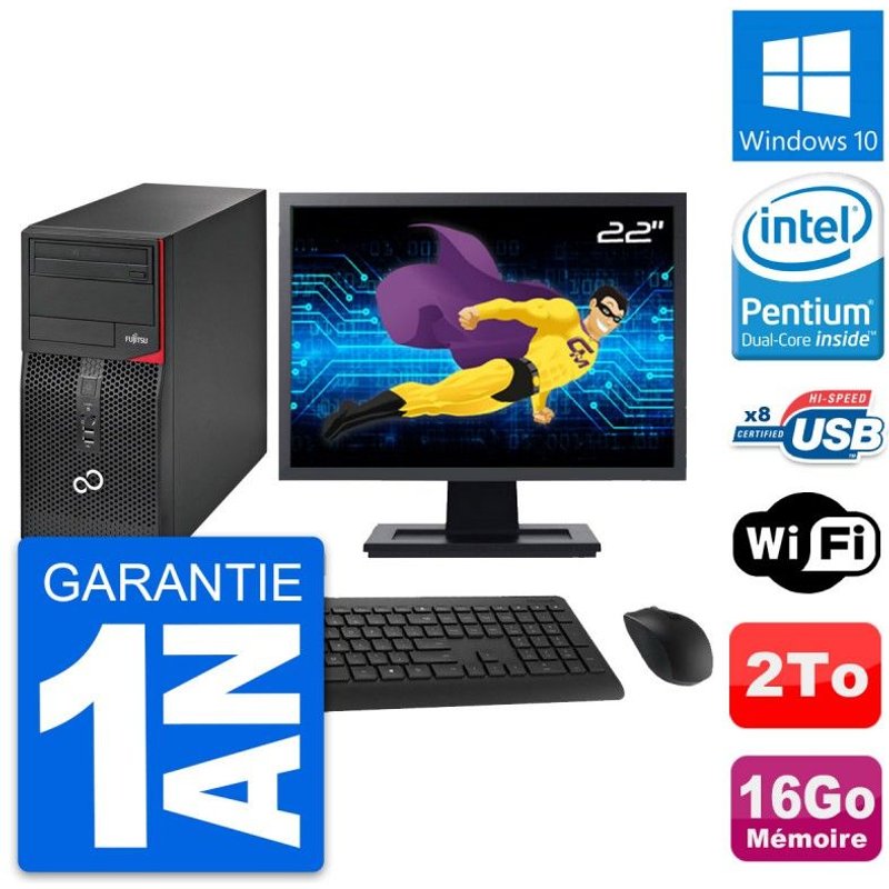 PC Tour Fujitsu P520 Ecran 22" Intel G3220 RAM 16Go Disque 2To Windows 10 Wifi
