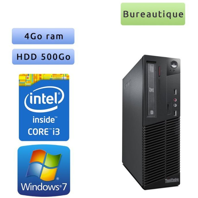 Lenovo ThinkCenter M72e SFF - Windows 7 - i3 4Go 500Go - Port Serie - Poste Bureautique Faible encombrement
