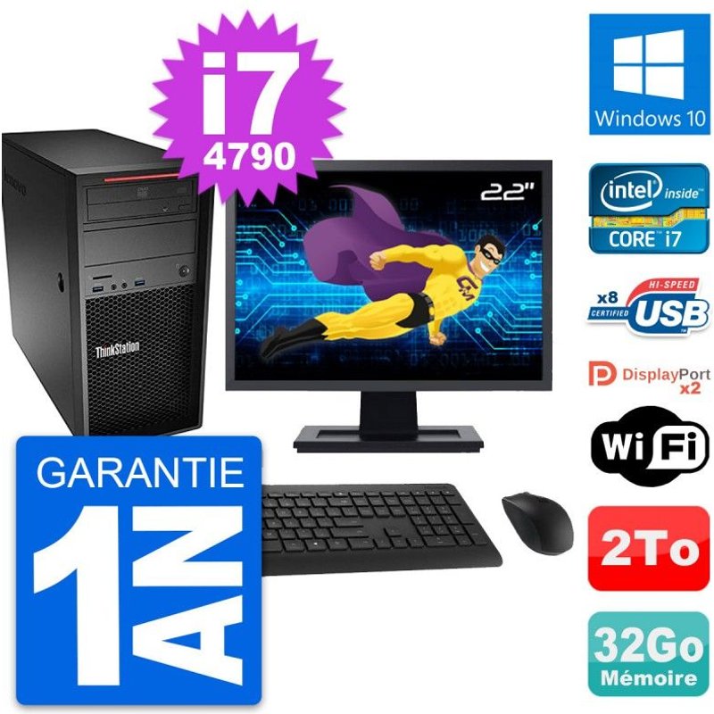 PC Tour Lenovo P300 Ecran 22" Intel i7-4790 RAM 32Go Disque 2To Windows 10 Wifi