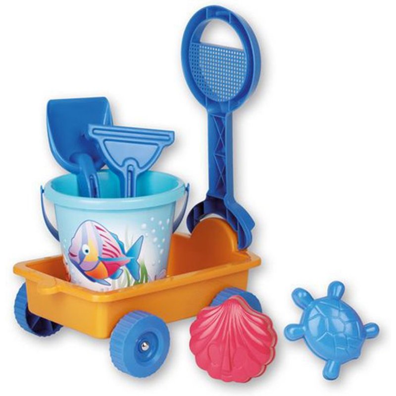 Chariot De Plage 31 Cm Garni Avec Sceau Rateau Pelle Et 2 Moules Pour Empreintes - 318-06997