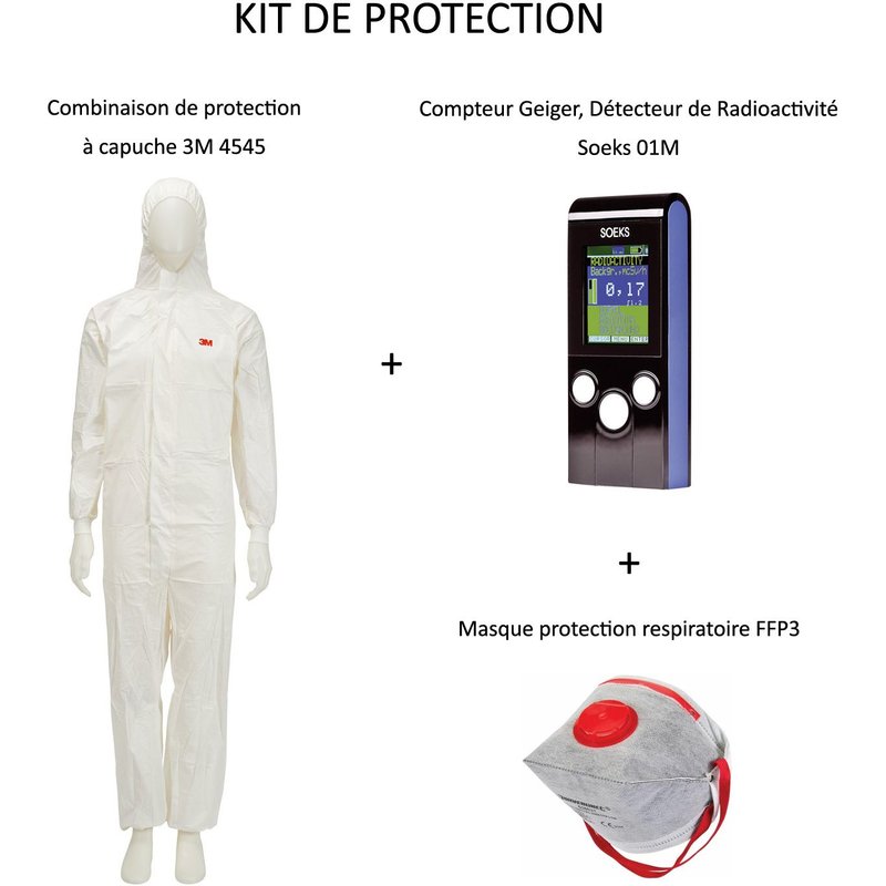 PACK Compteur Geiger, Détecteur de Radioactivité Nucléaire Soeks 01M + Vêtements de protection à capuche Combinaison 3M 4545 Taille XL + Masque FFP3 - Détecte les particules Bêta Rayons X Gamma