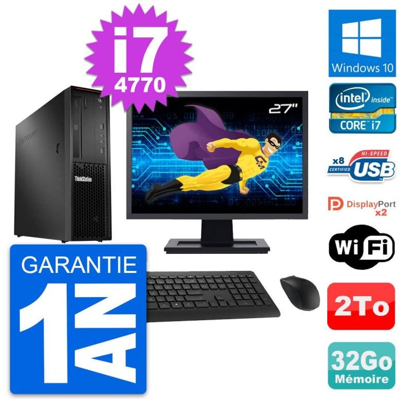 PC Lenovo P300 SFF Ecran 27" Intel i7-4770 RAM 32Go Disque 2To Windows 10 Wifi