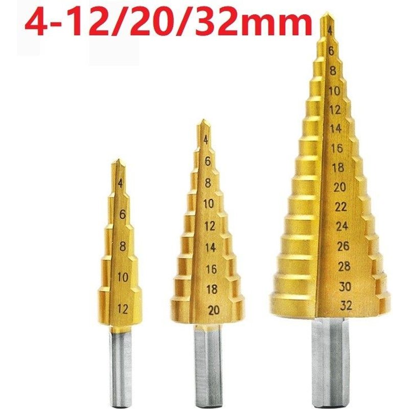 Foret HSS revêtu de titane, 3 pièces 4-12mm 4-20mm 4-32mm foret étagé HSS à rainure droite, outil de perçage pour le bois et le métal