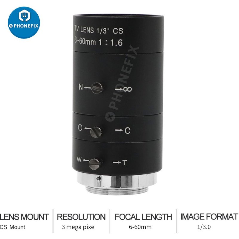 Objectif CCTV HD 3MP 6-60mm 1/3 "F1.6 CS Mount Zoom manuel Iris pour caméra IP de vidéosurveillance, imagerie de vision de Machine industrielle