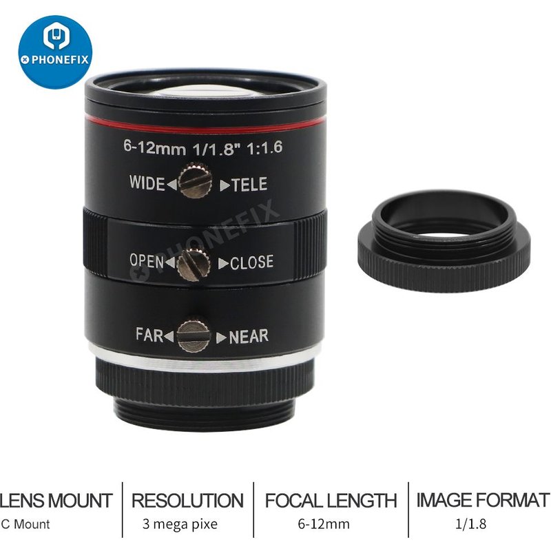 Objectifs de caméra industrielle 6-12MM, 3/1/1 pouces, 3 mégapixels, Iris Varifocal manuel, focus fixe, objectif CCTV pour la sécurité