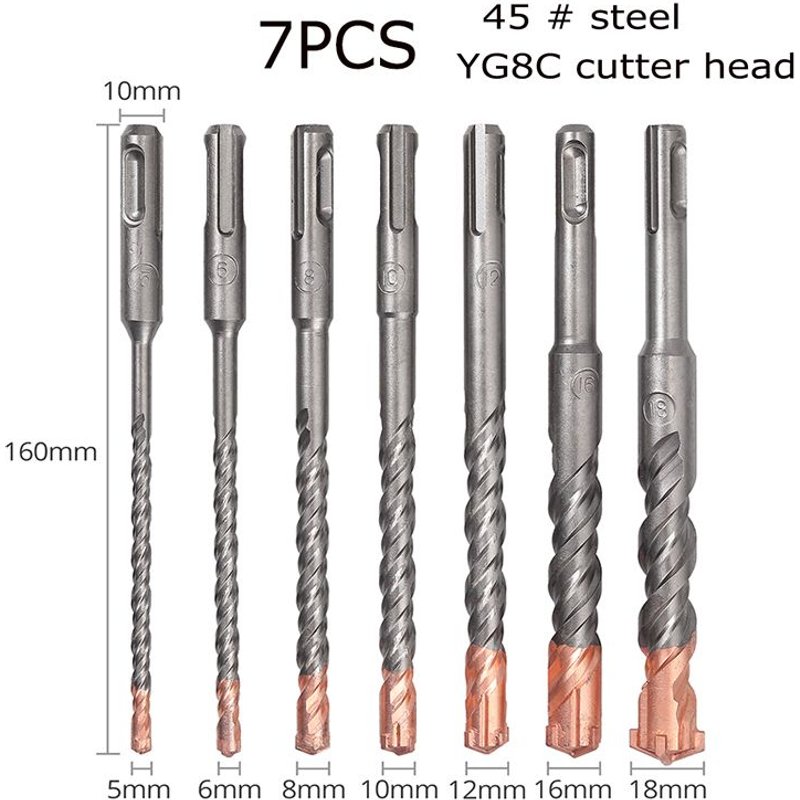 ensemble de 7 mèches pour marteau perforateur, mèches pour pierre, coupe-tête transversale YG8C, perçage profond du béton, Kit d'outils de 5 à 18mm pour marteau électrique
