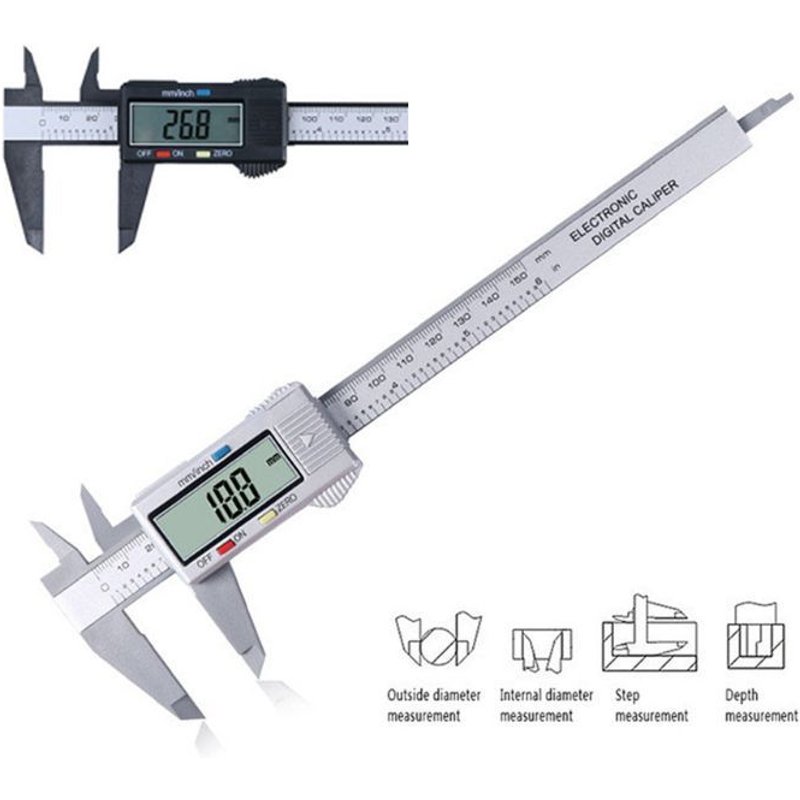 Outil de mesure en plastique LCD numérique électronique fibre de carbone Vernier pied à coulisse règle jauge micromètre 0-150mm 6 pouces
