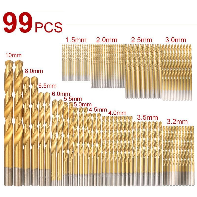 Ensemble de forets à tige droite, en acier titane haute vitesse 1.5MM-10MM, ensemble de 99 pièces de trous de perçage en acier inoxydable, outil d'ouverture de trous pour le travail du bois