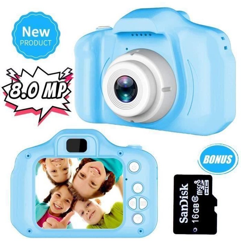 Jouets 3-6 Ans Fille Appareil Photo Enfant 8mp Appareil Photo Numerique Enfants Cadeaux Anniversaire Noël Présente Bleu+16g Carte