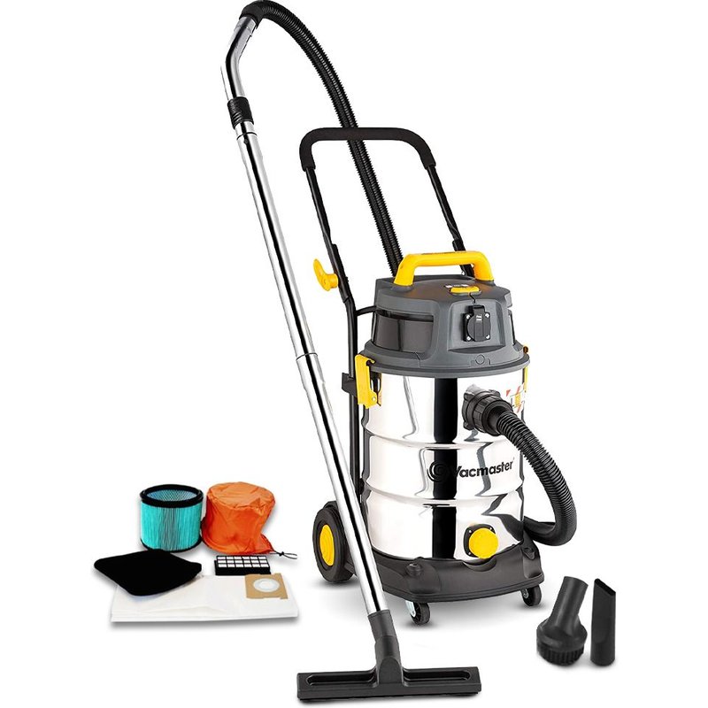 Aspirateur eau et poussières 1600W - 30L inox - 27 Kpa avec prise intégrée et bouchon de vidange