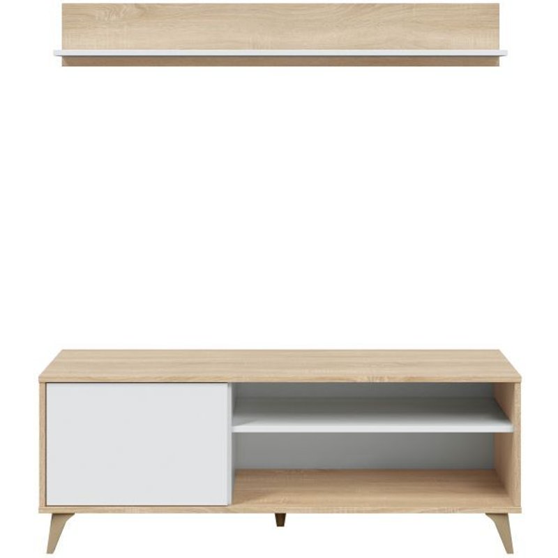 Meuble Tv Laura 2 Niches, 1 Porte Et Étagère Murale L135cm - Blanc / Bois