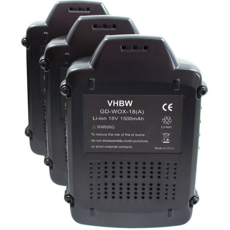 vhbw 3x Batterie remplacement pour Worx WA3525, WA3512, WA3511, WA3520, WA3512.1, WA3523, WA3516, WA3551.1 pour outil électrique (1500 mAh, Li-ion, 18 V)