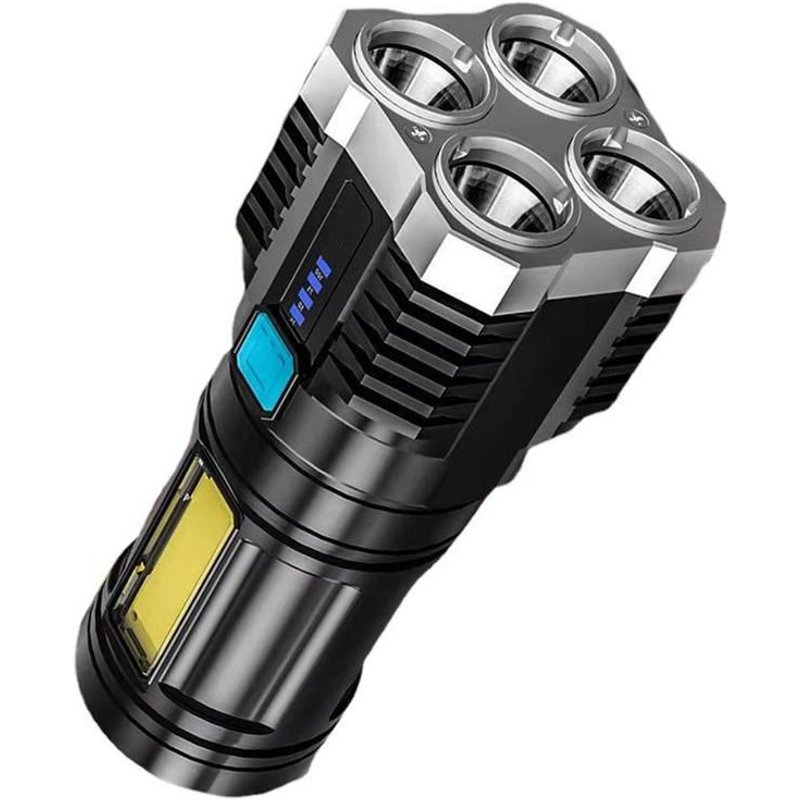 Lampe De Poche Super Lumineuse À 4 Coeurs, Projecteur Cob D'Extérieur À Longue Portée, Batterie Rechargeable, Multifonction, Affichage Lumineux Led P1000