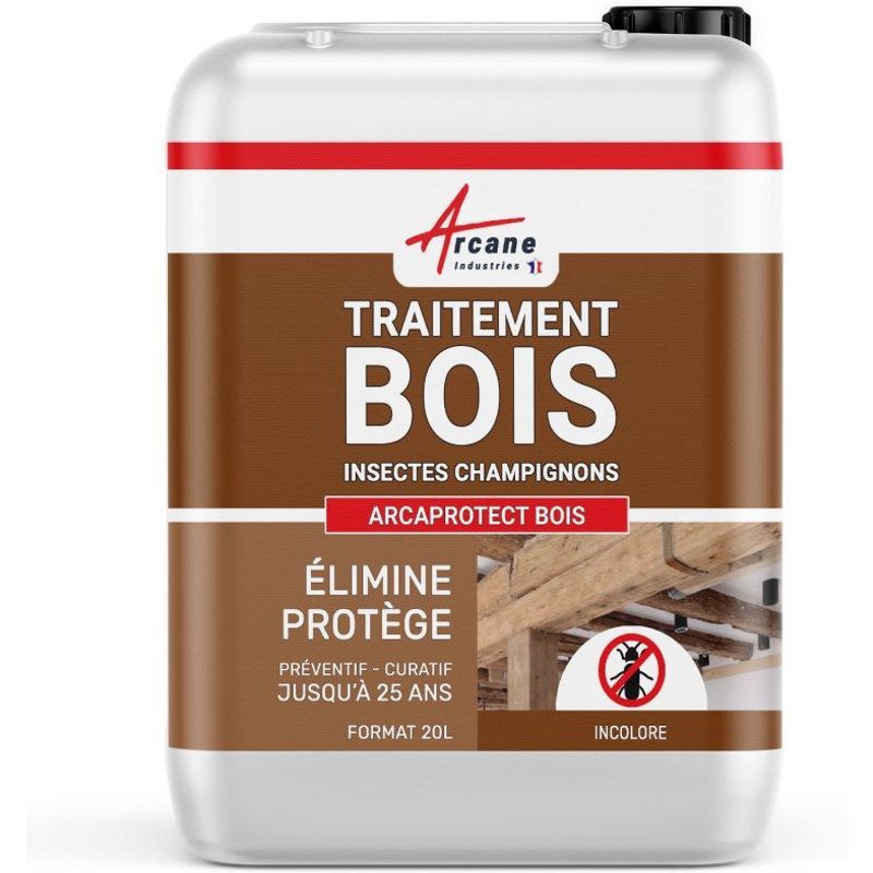 Traitement bois, Protection contre insectes xylophènes et champignons pour charpentes, poutres terrasses produit ARCAPROTECT BOIS 20 L