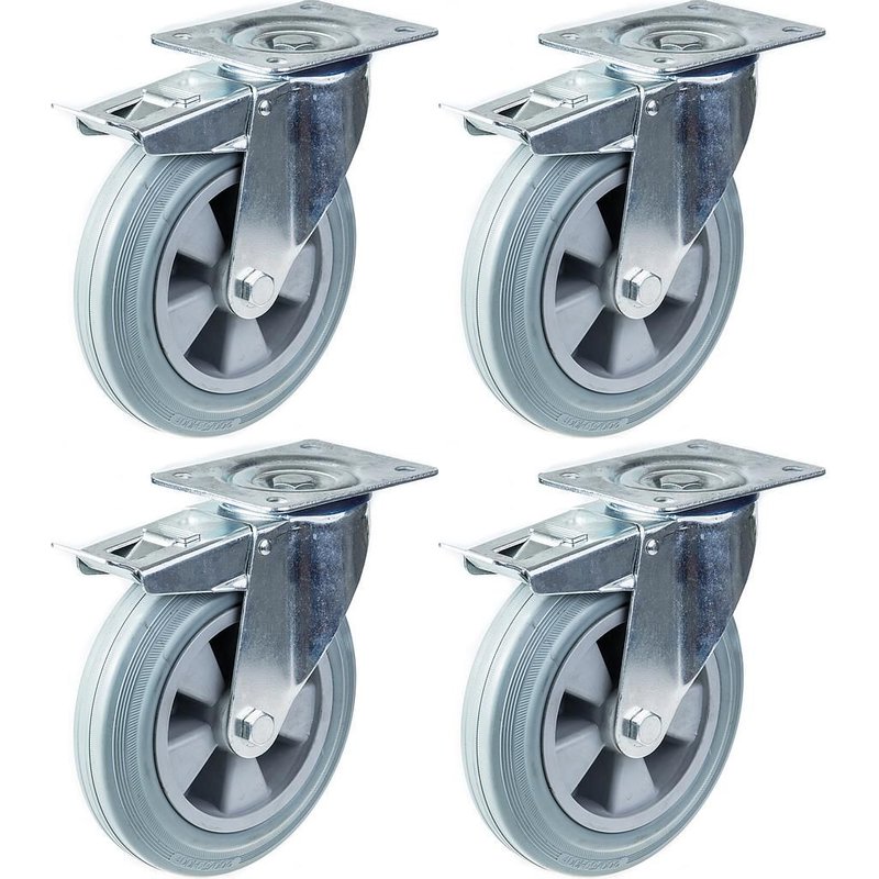 200mm 8" castor grey rubber swivel with brake strong 820kg capacity, set of 4