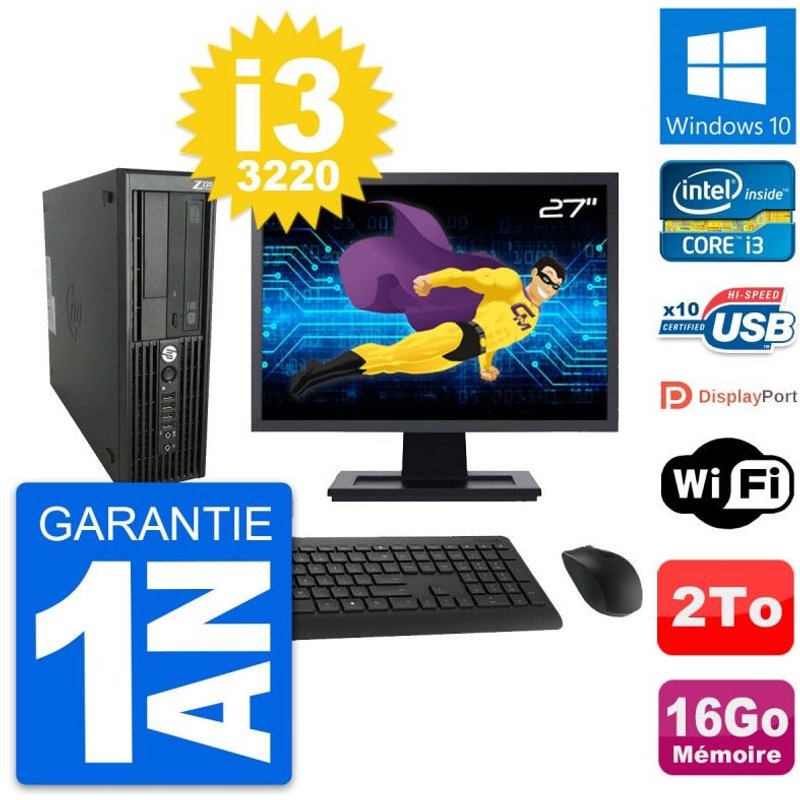 PC HP WorkStation Z220 SFF Ecran 27" i3-3220 RAM 16Go Disque 2To Windows 10 Wifi