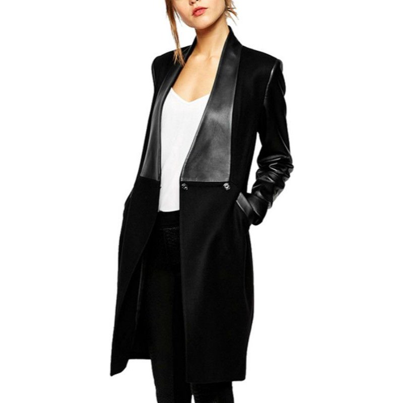 Vestes Noires D'hiver Pour Femmes, Manteaux En Cuir, Patchwork, Slim, Manches Longues, Manteau En Laine Tricotée, Chaqueta Mujer Veste Pardessus