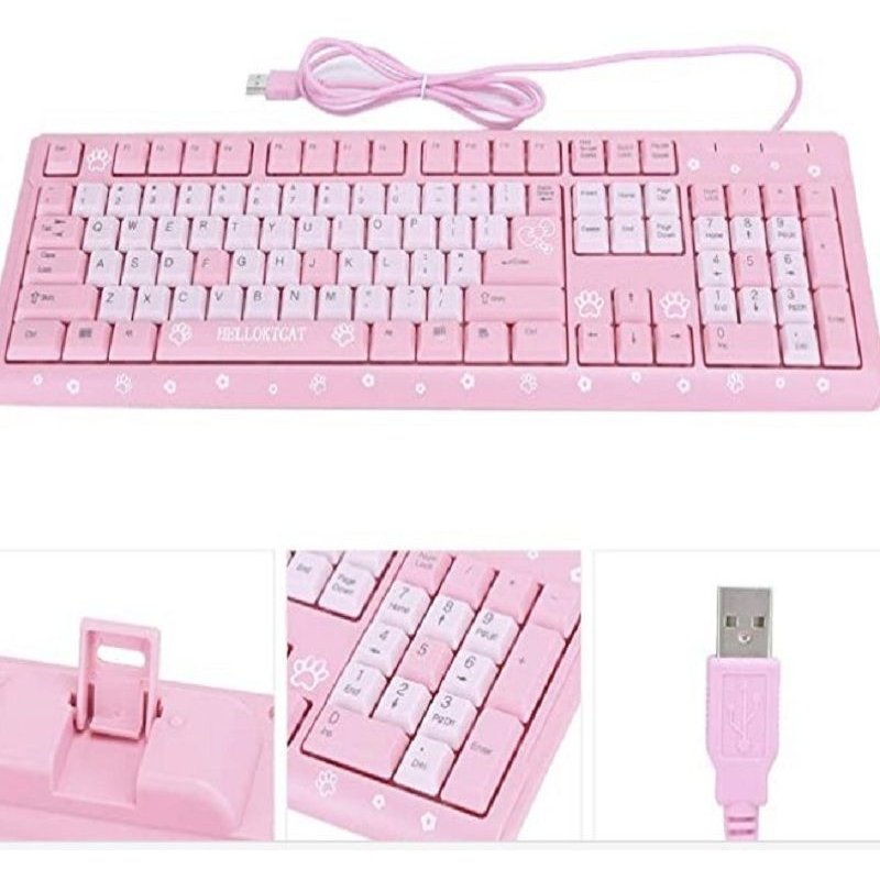 Clavier de jeu filaire ultra-fin, silencieux, rose, pour PC, ordinateur portable, chat, dessin animé