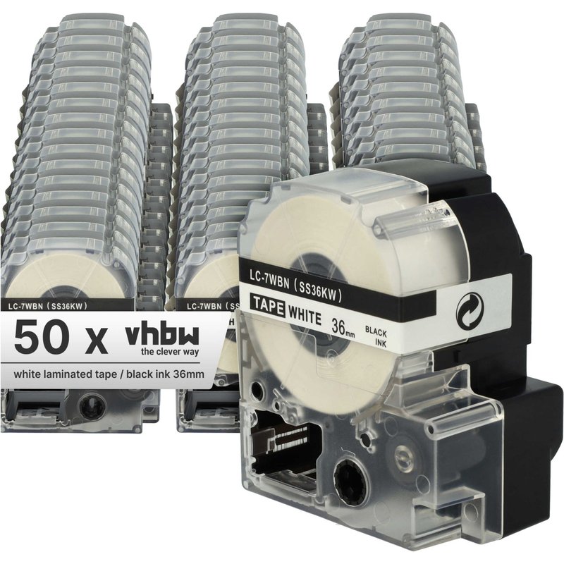 vhbw 50x Rubans compatible avec KingJim SR3900C, SR330, SR230C, SR180, SR150, SR300TF, SR3700P imprimante d'étiquettes 36mm Noir sur Blanc