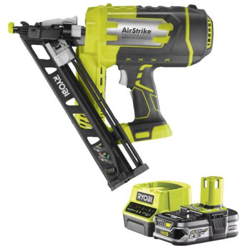 Pack RYOBI Cloueur de finition incliné à air comprimé 18V One+ R15GN18-0 - 1 Batterie 2.5Ah - 1 Chargeur rapide RC18120-125