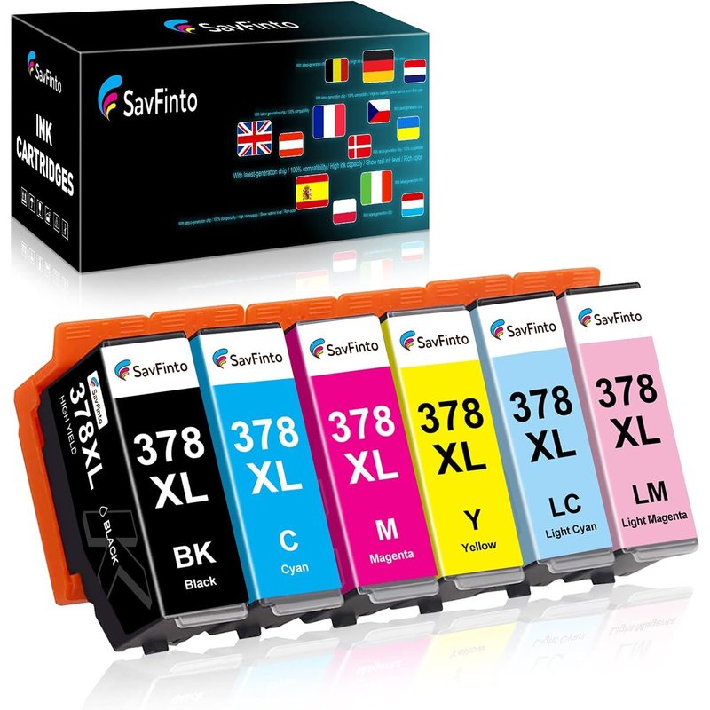 378XL Cartouche d'encre Compatible avec Epson 378 XL Epson Expression Photo XP-8500 XP-8505 XP-8600 XP-8000 XP-8005 (Noir, Cyan, Magenta, Jaune, Cyan Clair, Magenta Clair) 6 Pack