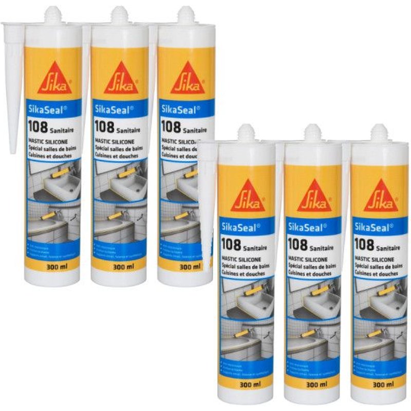 Lot de 6 mastics silicones anti-moisissure SIKA Sikaseal 108 Sanitaire - Gris clair - 300ml
