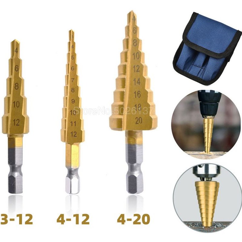 Foret Ă©tagĂ© Hss revĂȘtu de titane, outils Ă©lectriques de perçage, mĂ©tal, acier Ă grande vitesse, coupe-trou pour bois, cĂŽne, Triangle en forme de pagode