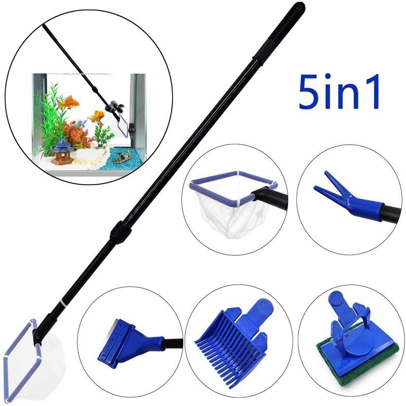 Ensemble D'outils De Nettoyage D'aquarium 5 En 1, Filet À Poisson, Râteau À Gravier, Fourchette, Grattoir À Algues, Brosse Éponge