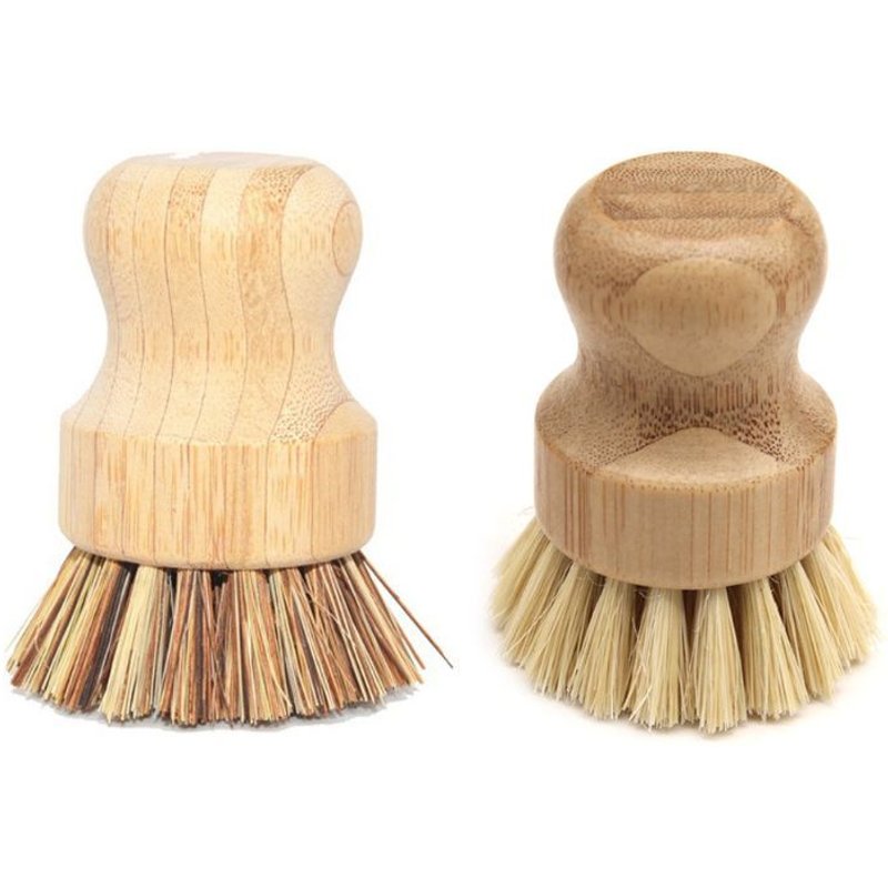 Brosse de nettoyage de casserole en bambou, manche en bois rond court, bol ménager, outils de lavage de la vaisselle