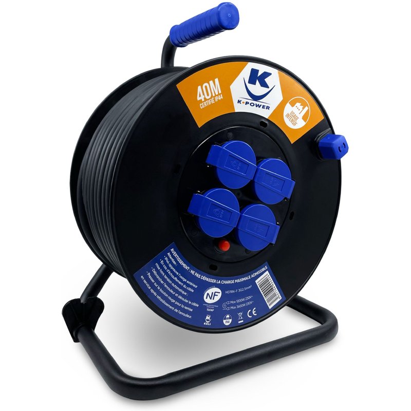 Enrouleur 40M Pro 3G2.5 IP44 4 Prises à clapet - Keli