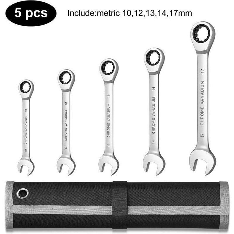 5pcs Jeu de clés à cliquet, jeu de douilles, clé à cliquet combinée, Kit de Chrome Vanadium, ensemble d'outils de réparation de voiture ""Nipseyteko