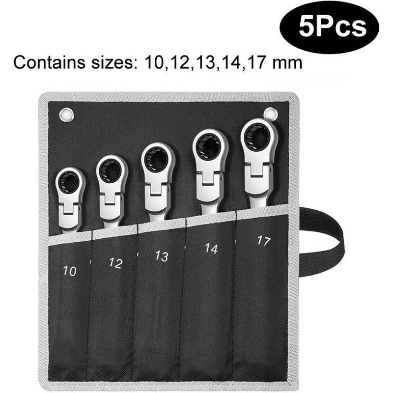 5pcs Jeu de Clés à Cliquet à Combinaison Flexible, Ensemble d'Outils à Main Métriques pour Réparation Automobile, avec Sac de Transport ""Nipseyteko
