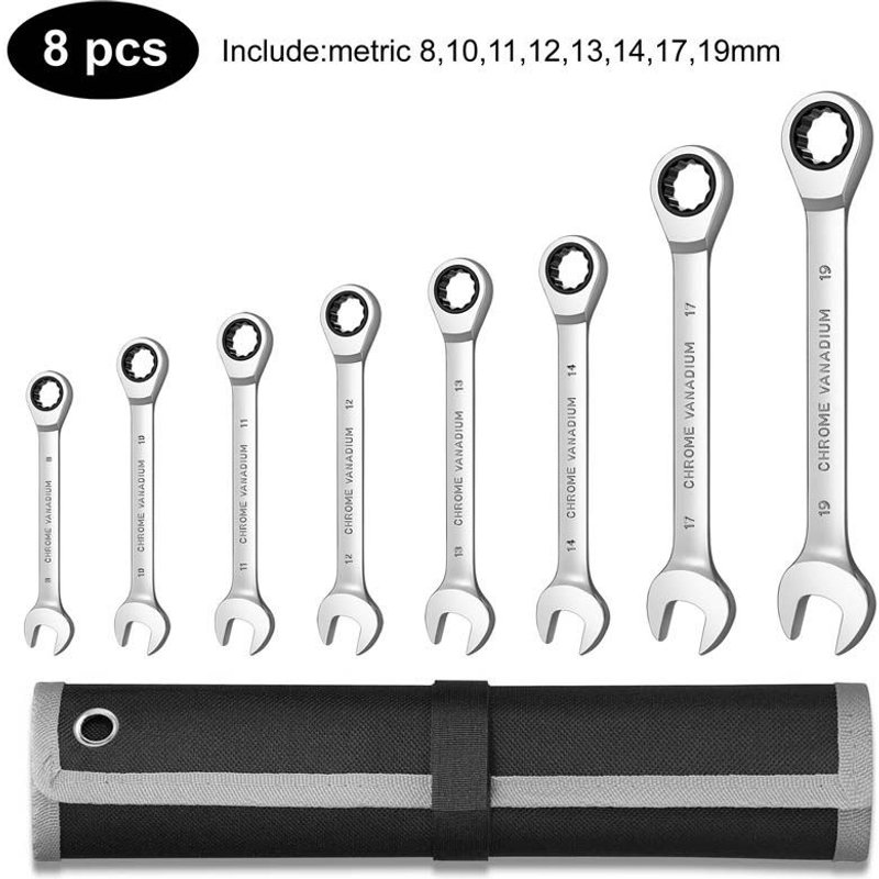 8pcs(8-19) Jeu de clés à cliquet, jeu de clés à combinaison métrique, jeux d'outils manuels, clés universelles, outil de réparation automobile ""Nipseyteko