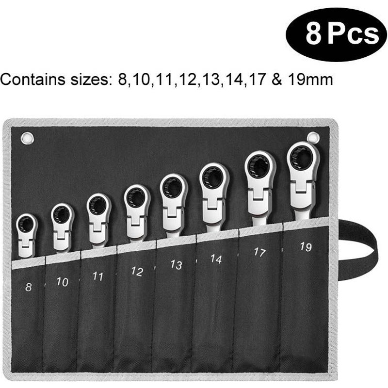 8pcs(8-19) Jeu de clĂ©s Ă cliquet Ă tĂȘte flexible, Kit professionnel de clĂ©s Ă extrĂ©mitĂ© combinĂ©e en acier au Chrome Vanadium, outils de rĂ©paration de Garage ""Nipseyteko